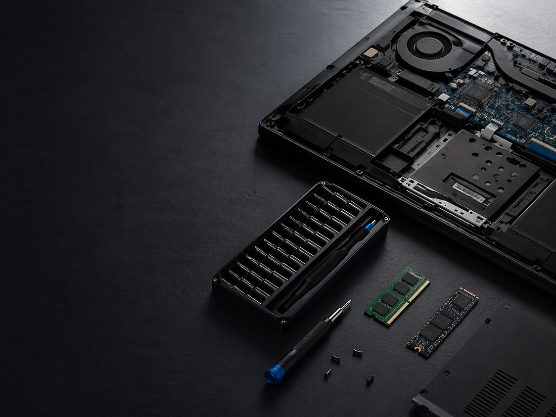 Notebook aberto com componentes e ferramentas de manutenção