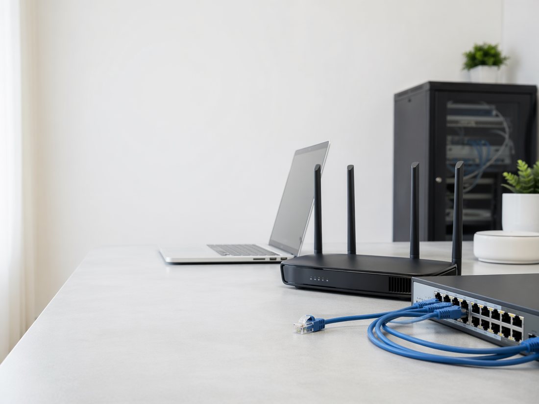 Roteador, switch e cabos de rede sobre a mesa
