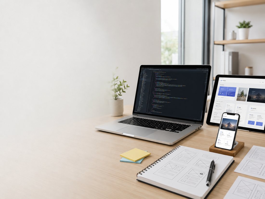 Notebook com código, tablet e celular sobre a mesa